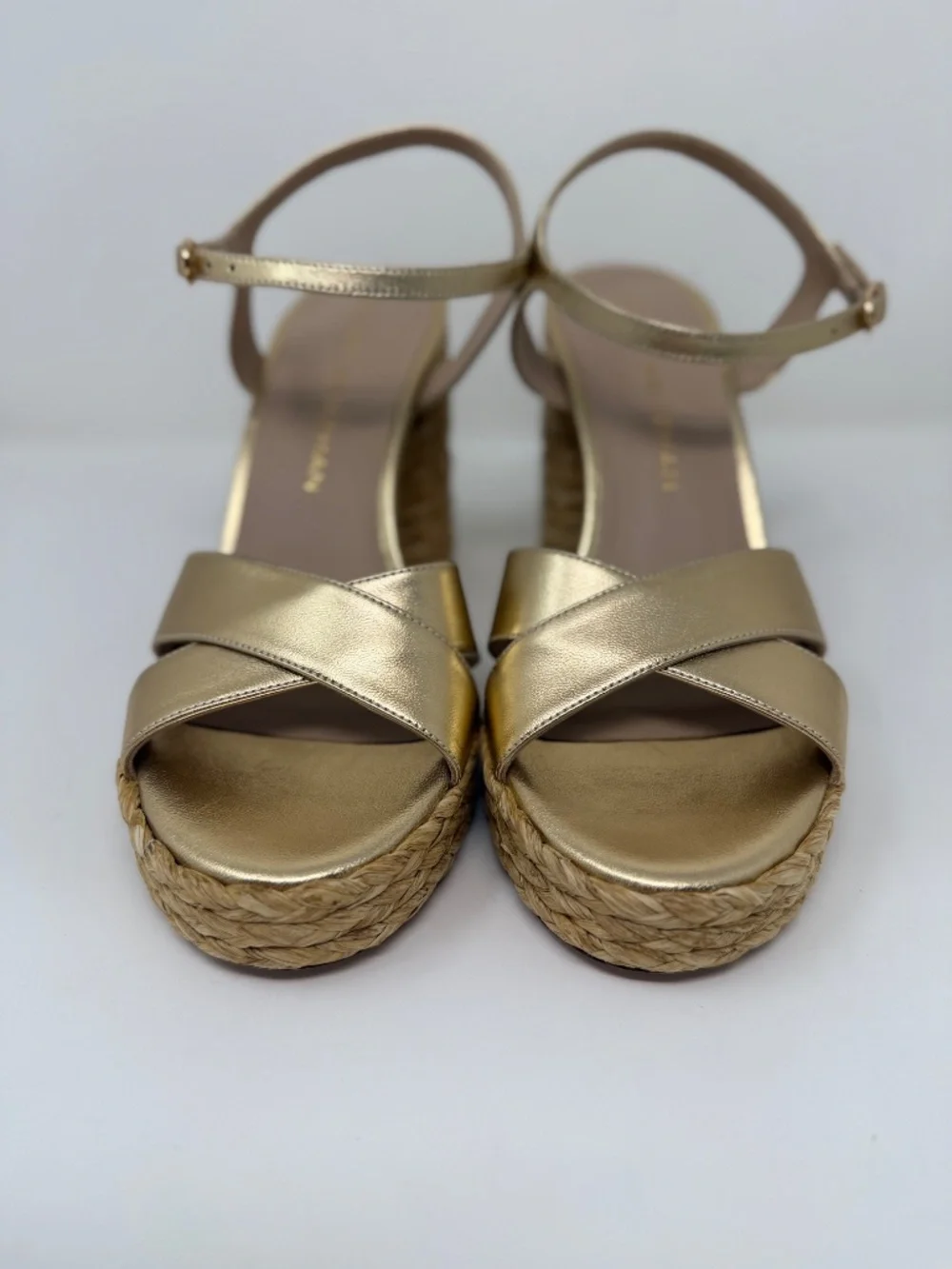 New Stuart Weitzman Dayna Metallic Leather Raffia Platform Sandal Sz 8